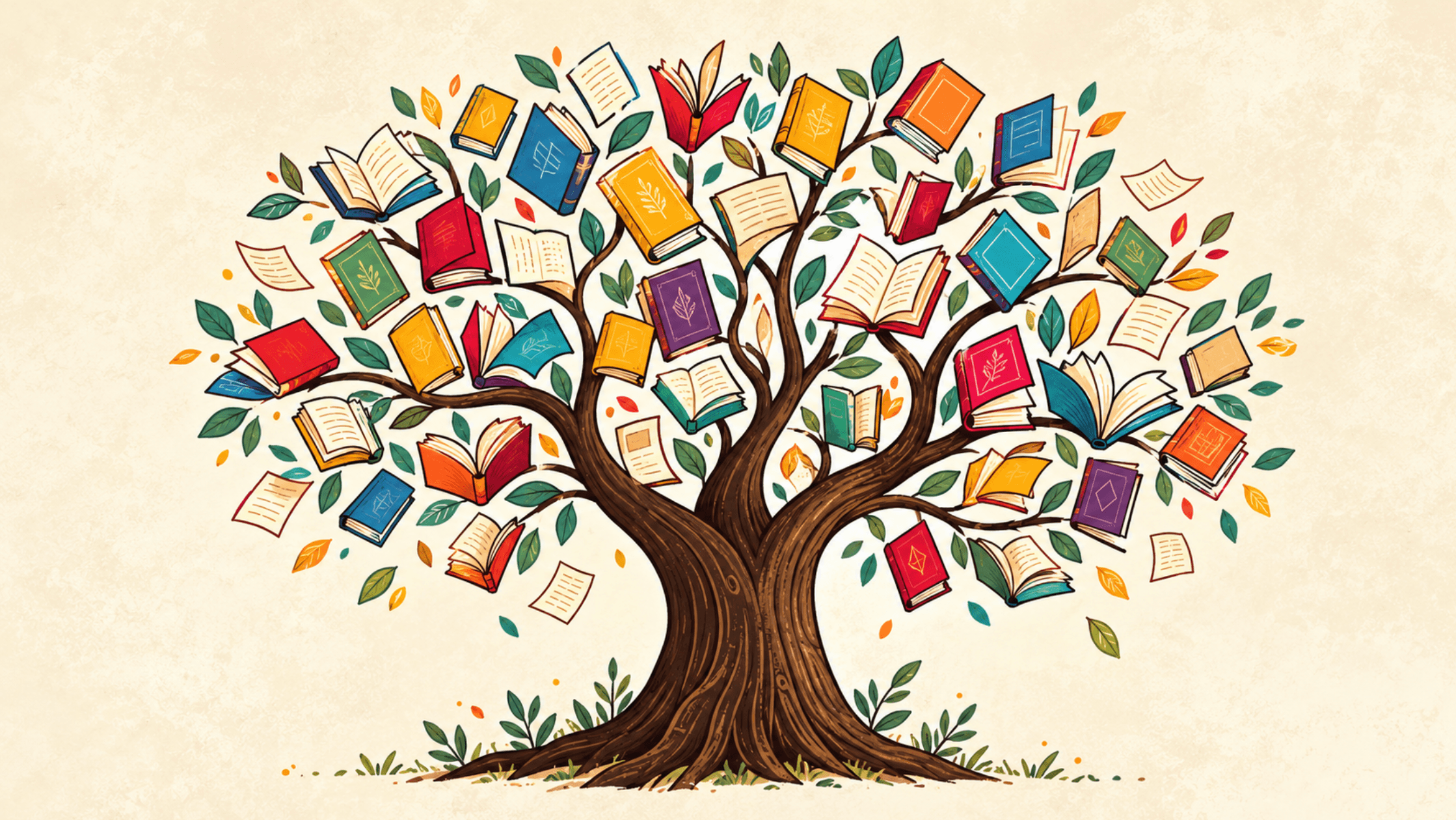 A tree with colorful books and pages growing among its branches.